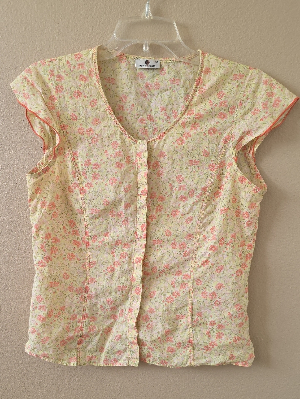 Punt Roma Pink Floral Printed Flutter Sleeve Blouse Top - Size Medium (40)